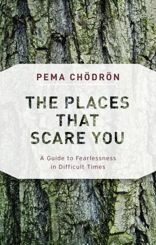 Book cover of Pema Chödrön's The Places That Scare You: A Guide to Fearlessness in Difficult Times, featuring a textured tree bark background.