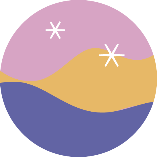 Abstract circular graphic with pink, gold, and purple wavy sections and two white starbursts