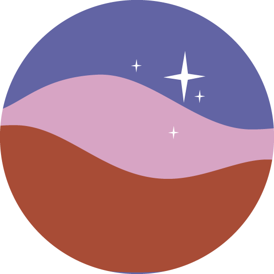 Abstract circular landscape with purple sky, pink rolling hills, brown foreground, and white stars