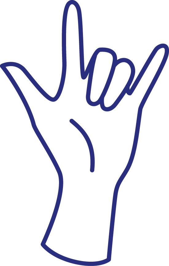 Purple line drawing of a raised hand making a rock-and-roll sign