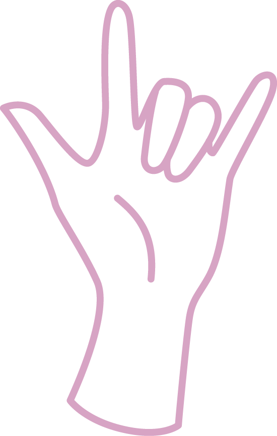 Pink line drawing of a raised hand making a rock-and-roll gesture
