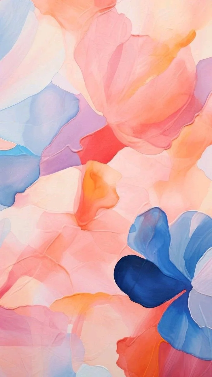 Abstract watercolor painting of overlapping pastel flower petals in pink, coral, lavender, orange, and blue.