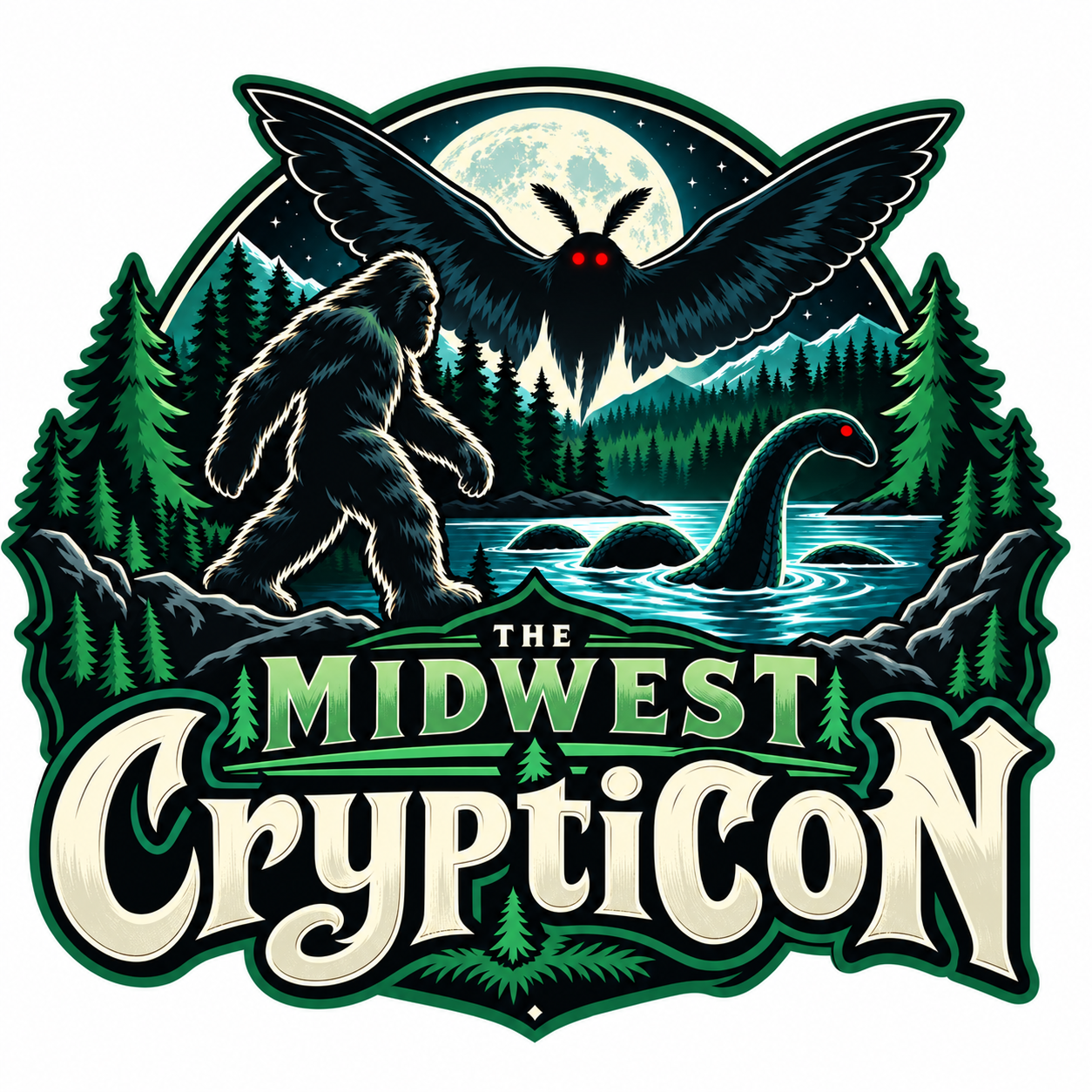 The Midwest Crypticon logo featuring Mothman, Bigfoot, a lake monster, pine forests, mountains, and a full moon