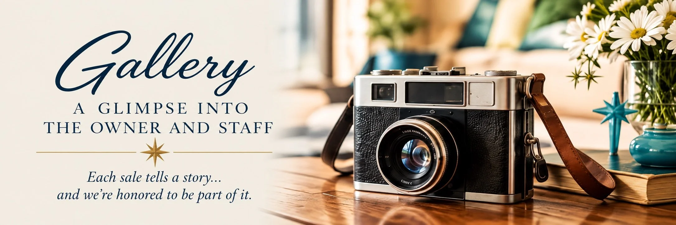 Gallery banner featuring a vintage camera, daisies, and text about the owner and staff.