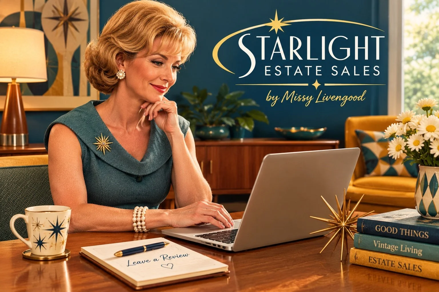 Woman using a laptop at a desk beside Starlight Estate Sales branding, flowers, coffee, and vintage living books
