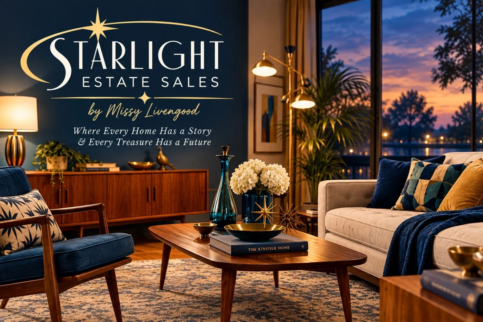 Elegant mid-century modern living room with Starlight Estate Sales by Missy Livengood logo, plush seating, coffee table decor, and sunset waterfront view