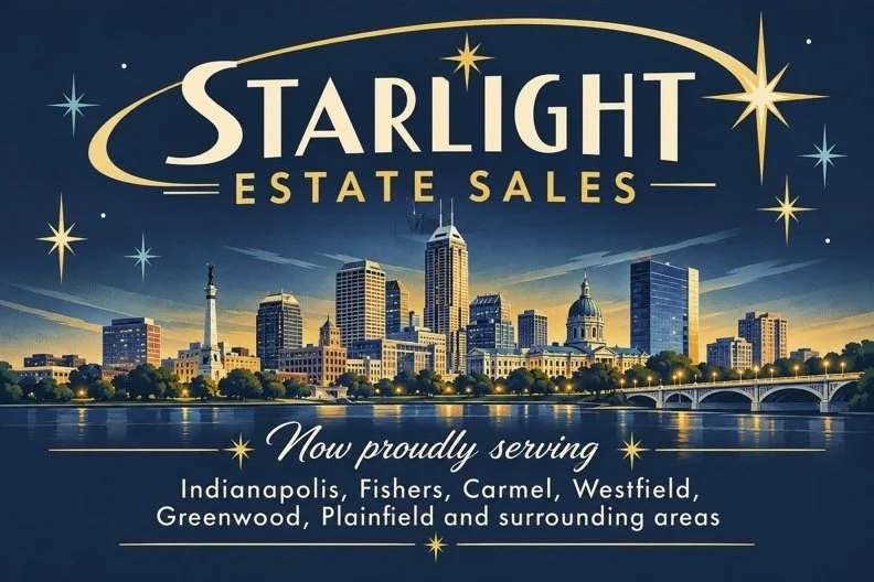 Starlight Estate Sales promotional graphic featuring the Indianapolis skyline, sparkling stars, and service areas including Fishers, Carmel, Westfield, Greenwood, and Plainfield.