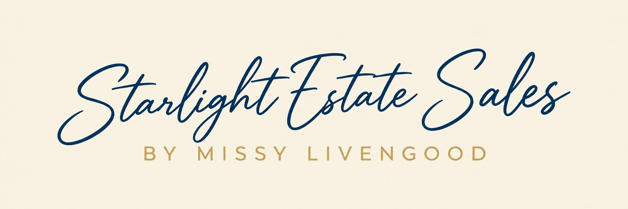 Starlight Estate Sales by Missy Livengood logo in navy script and gold lettering