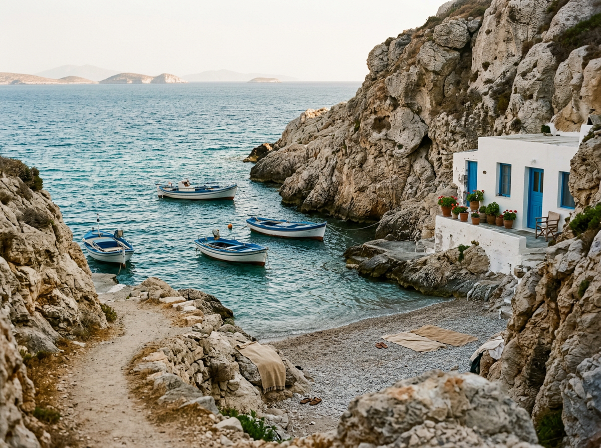A small, rocky cove with a white building featuring blue doors, potted plants, and a bench. Four boats are anchored near the shore, with a distant view of islands across the calm, blue sea.