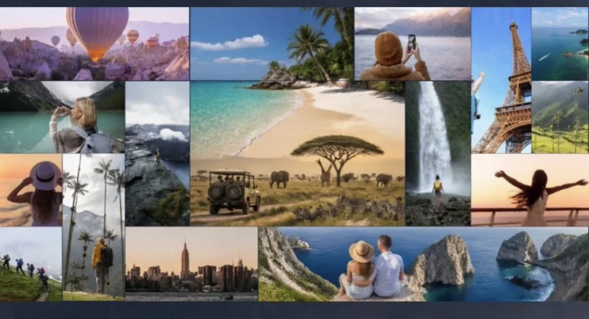 A collage of travel and vacation scenes including hot air balloons, beaches, tropical islands, waterfalls, iconic landmarks like the Eiffel Tower, and people exploring and enjoying nature.