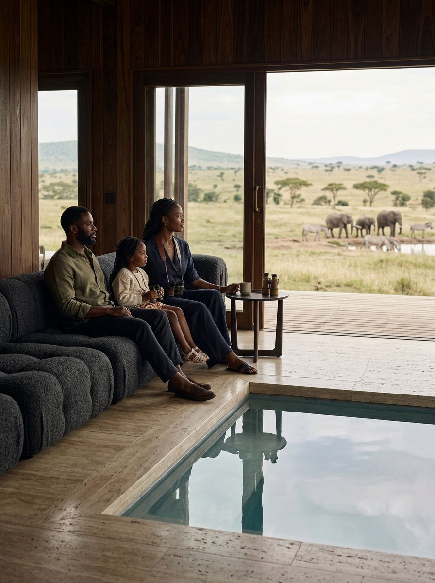 A family of three sitting on a sofa inside a wooden house, looking out at a safari landscape with elephants and zebras visible through large sliding glass doors.