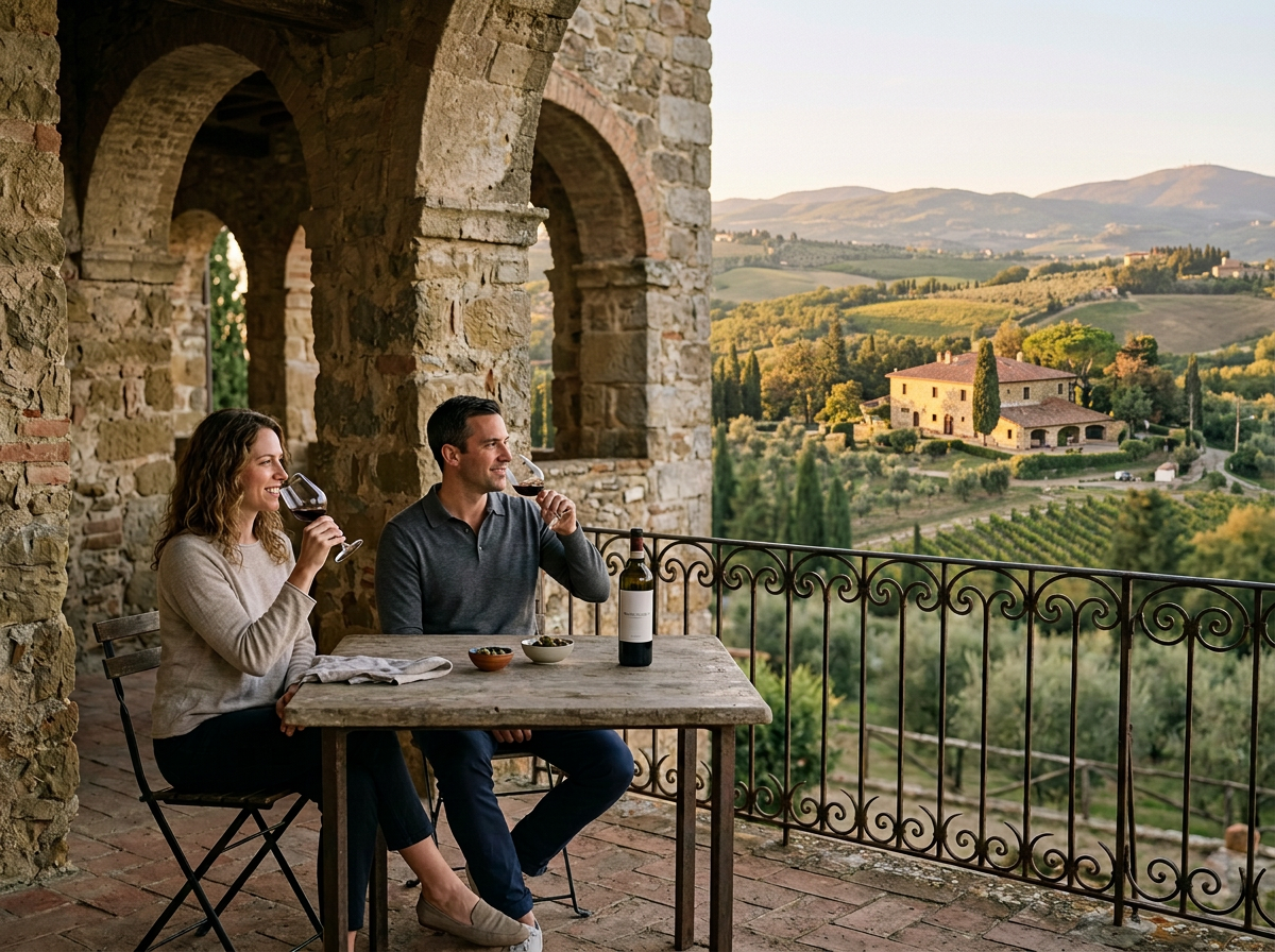 A man and woman sitting at a rustic outdoor table drinking red wine on a porch with stone arches, overlooking a scenic countryside with rolling hills and houses under a clear sky in Tuscany, Italy.