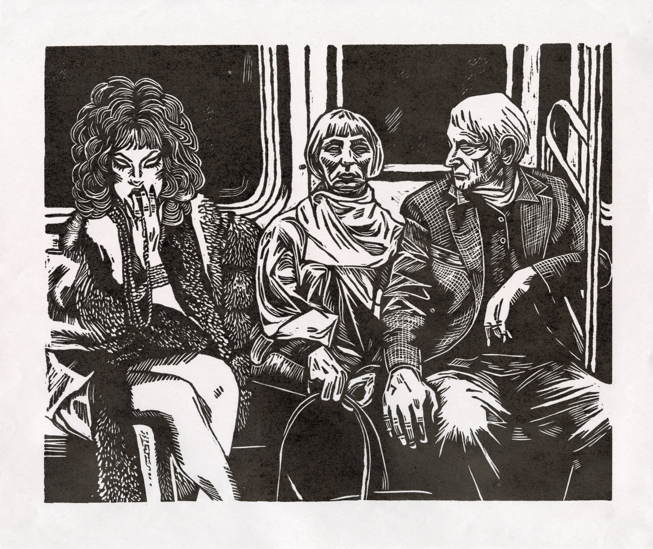 A black and white illustration of three people sitting together on a train, with the woman on the left holding a book and wearing a fur coat, the woman in the middle with short hair and a pensive expression, and the man on the right with glasses, wea