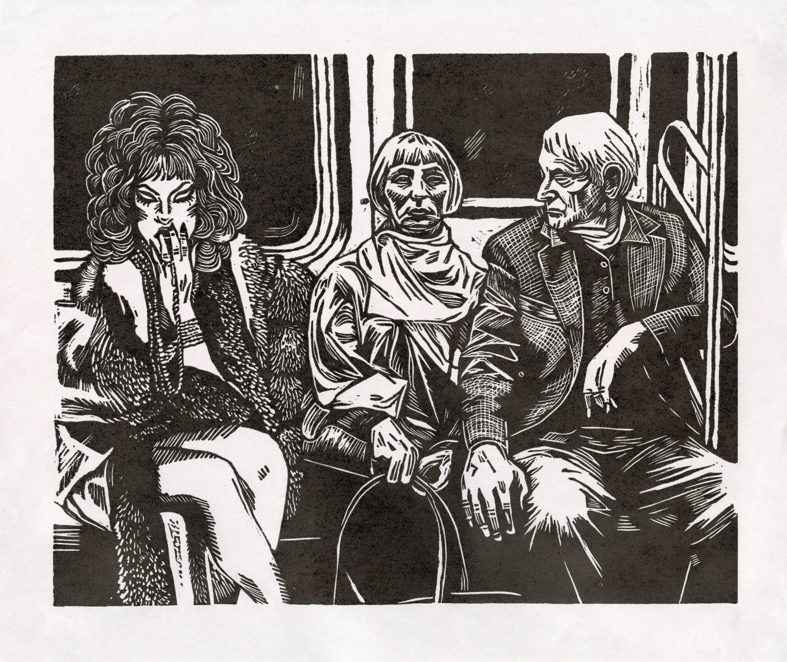 A black and white linocut art showing three people sitting in a tram or train. The person on the left has curly hair and is wearing a patterned coat, the middle person has short hair and is wearing a scarf, and the person on the right has short hair 
