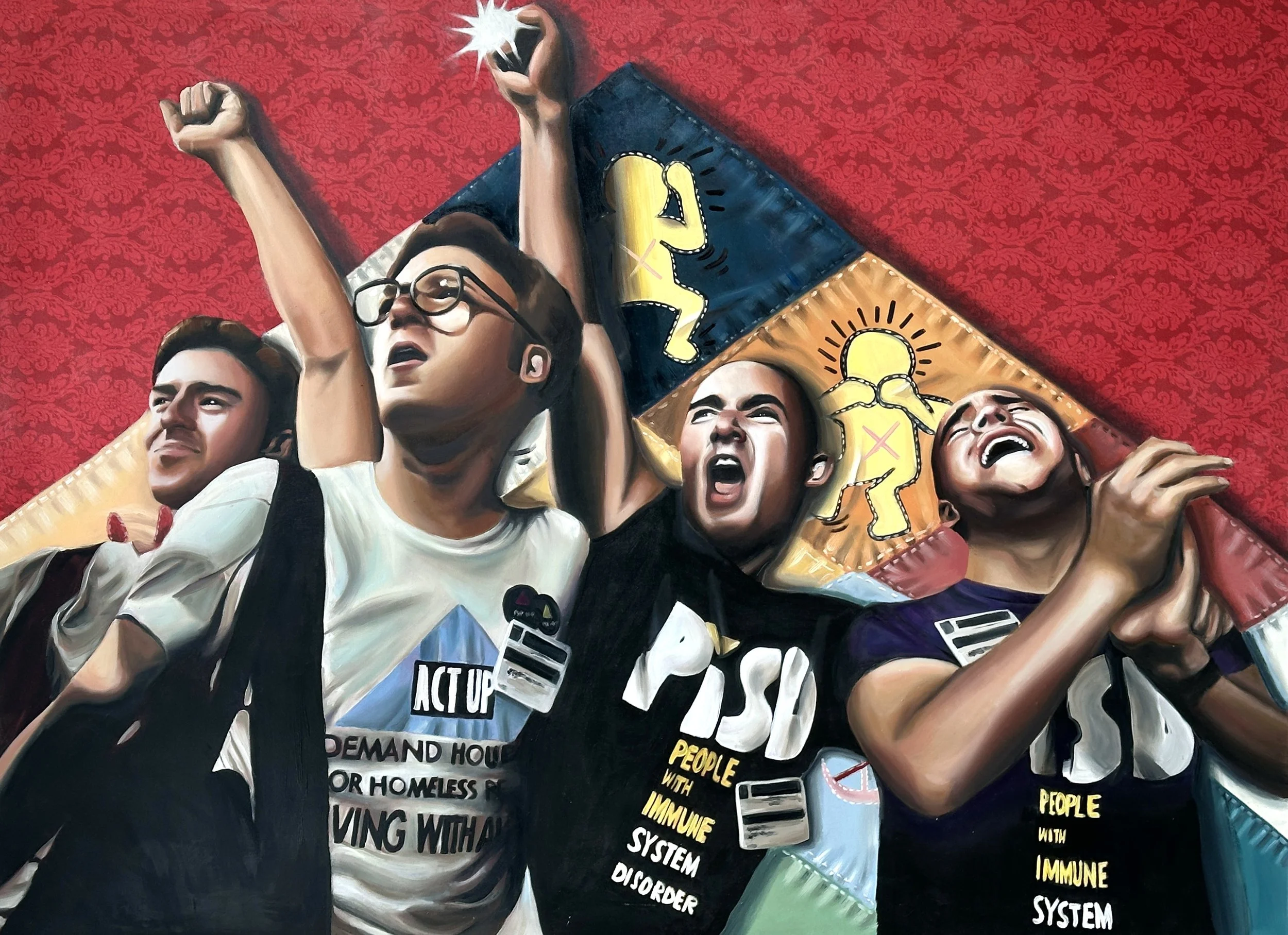 Painting of diverse individuals holding signs and balloons advocating for healthcare, with a red patterned background.