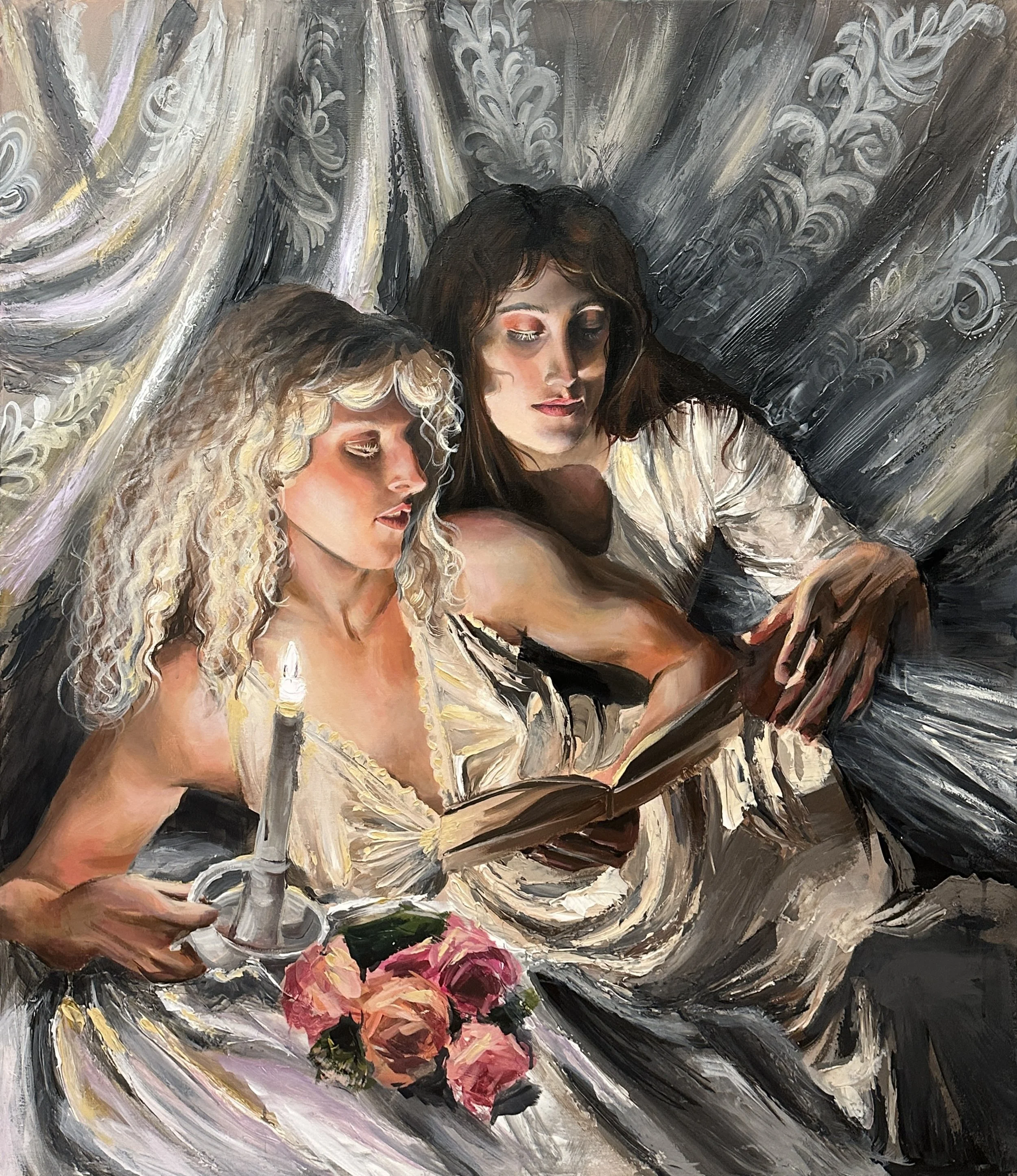 A painting depicting two women with one holding a bouquet of pink flowers, set against a background of swirling, abstract black and white patterns.