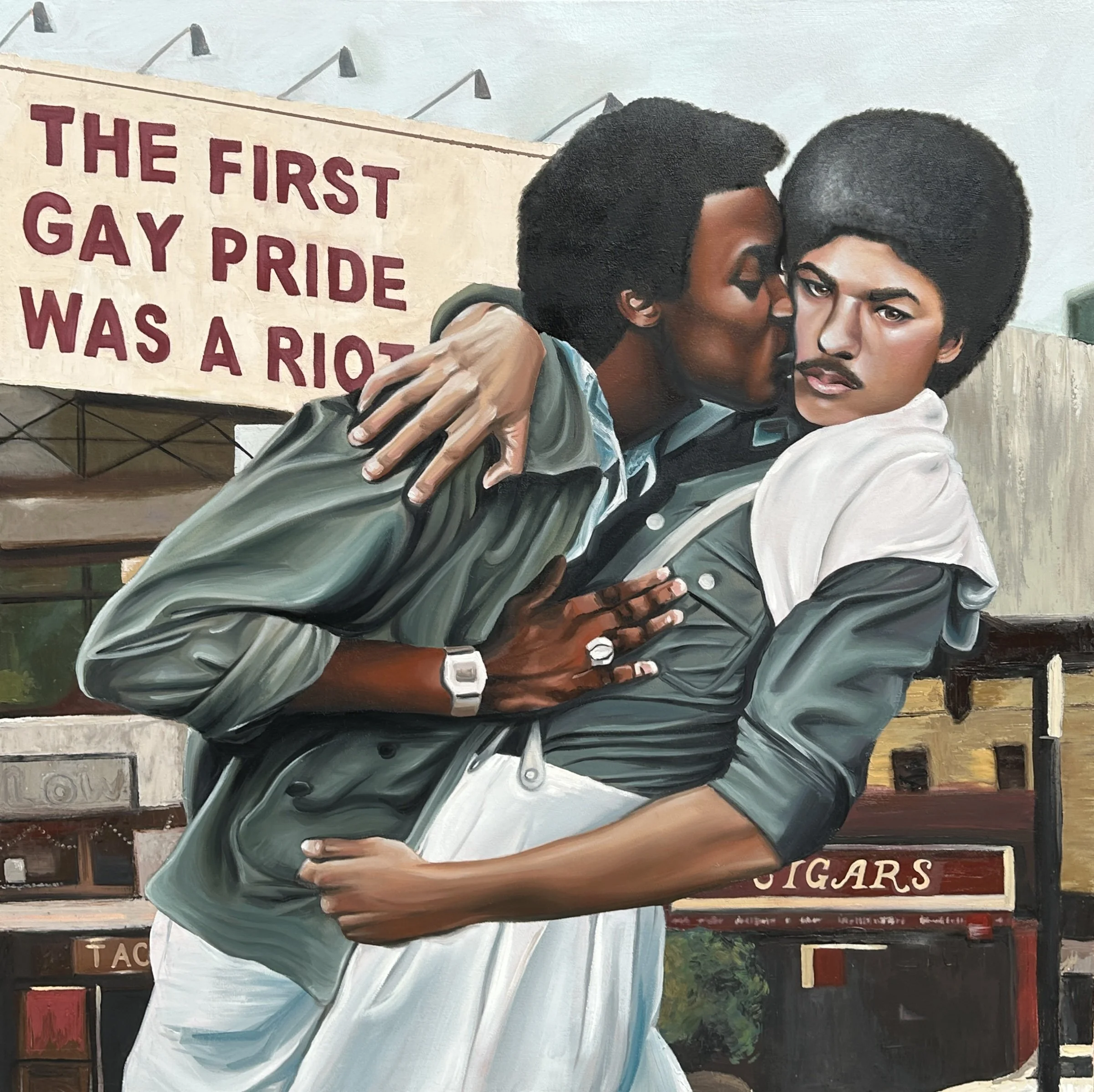 A mural depicting two people hugging, with a sign in the background that reads 'The First Gay Pride Was a Riot'.