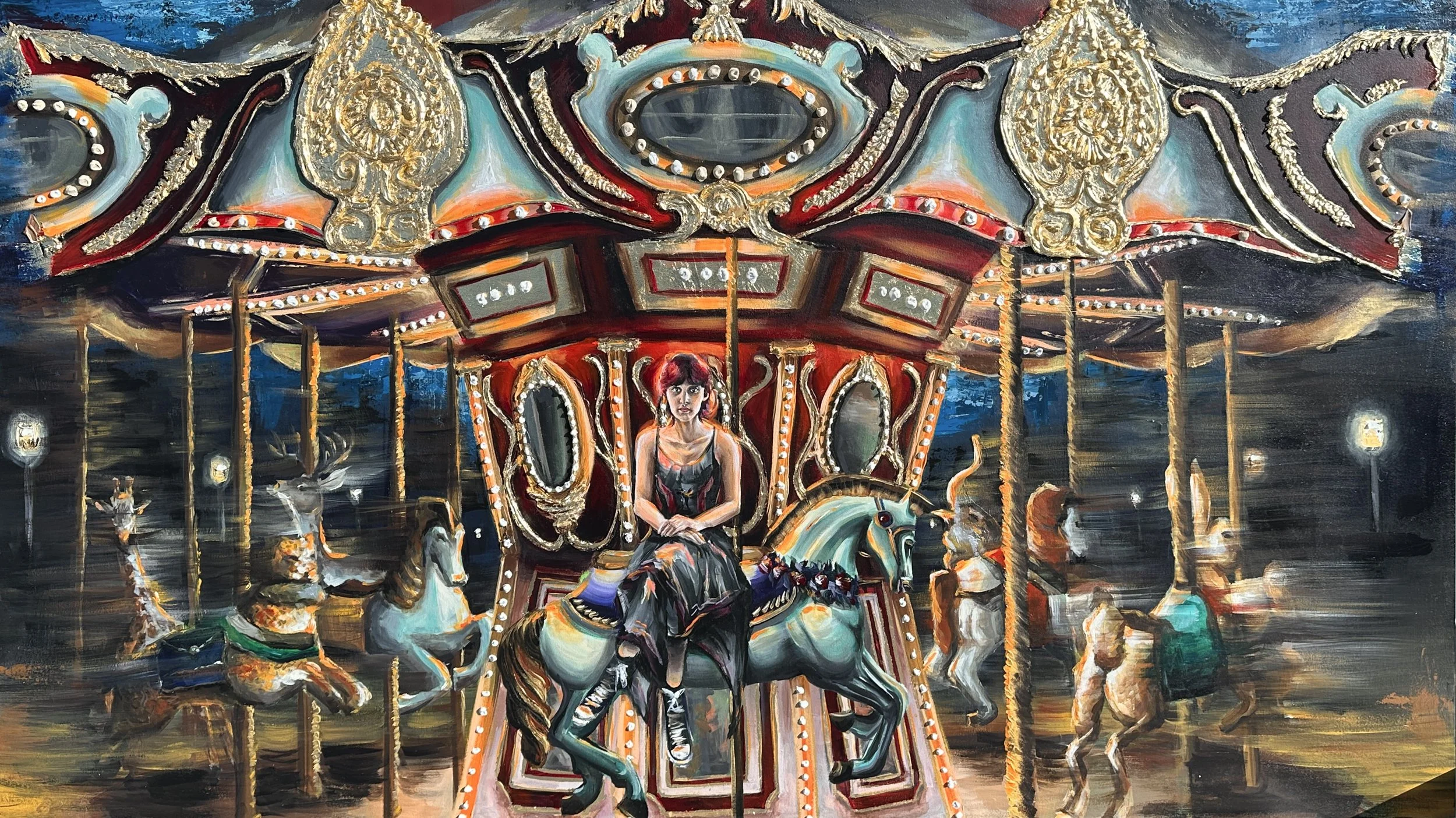 A painting of a carousel at night, with a young woman with red hair sitting on a carousel horse. The carousel is decorated with gold and red details and is surrounded by other carousel horses. The lights on the carousel are illuminated, casting a glo