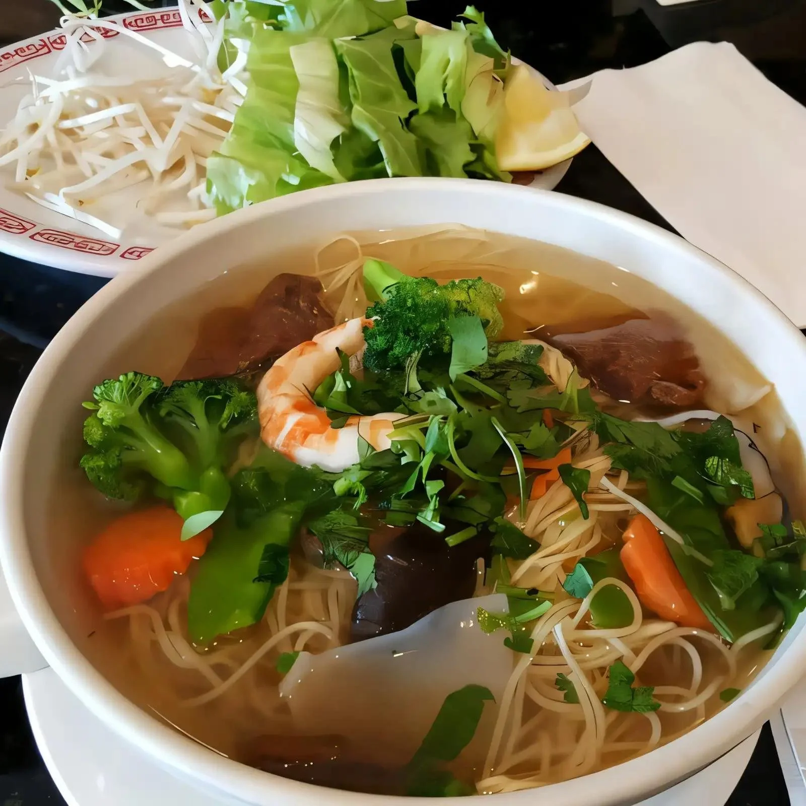 Bowl of hot noodle soup with shrimp, broccoli, carrots, leafy greens, and herbs, accompanied by a plate of shredded vegetables and lettuce.