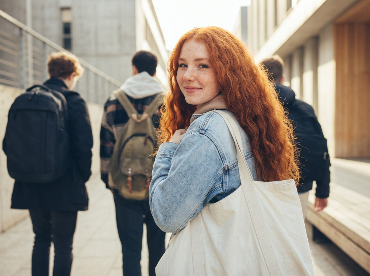 Red-haired young woman with a canvas tote bag walking with friends through a modern urban passageway