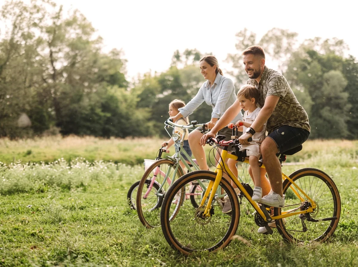 Family riding bicycles together through a sunny meadow