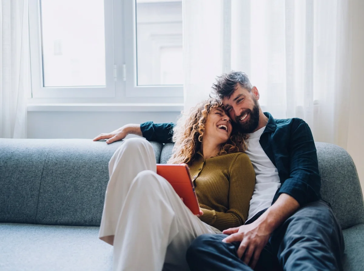 Happy couple laughing together on a couch at home, with a tablet nearby