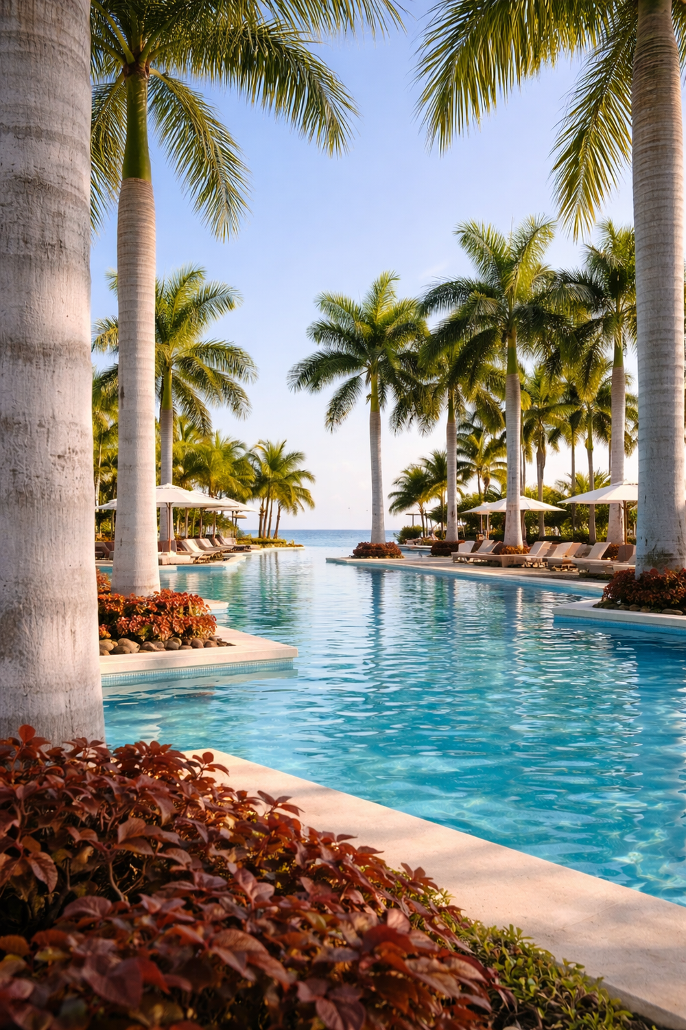 Tropical resort pool surrounded by palms