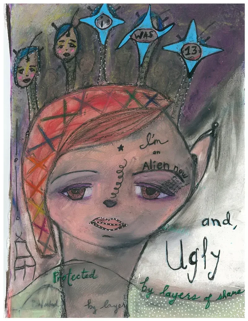 A drawing of a girl with long red hair and large eyes, with makeup and tattoos, surrounded by cartoonish alien heads. The alien heads have faces, some with sad expressions, and are connected to the girl by lines. The composition features text such as 'I was 13,' 'Alien now,' 'ugly,' and phrases about being 'protected' and 'layers of shame.' The background is textured with dark colors.