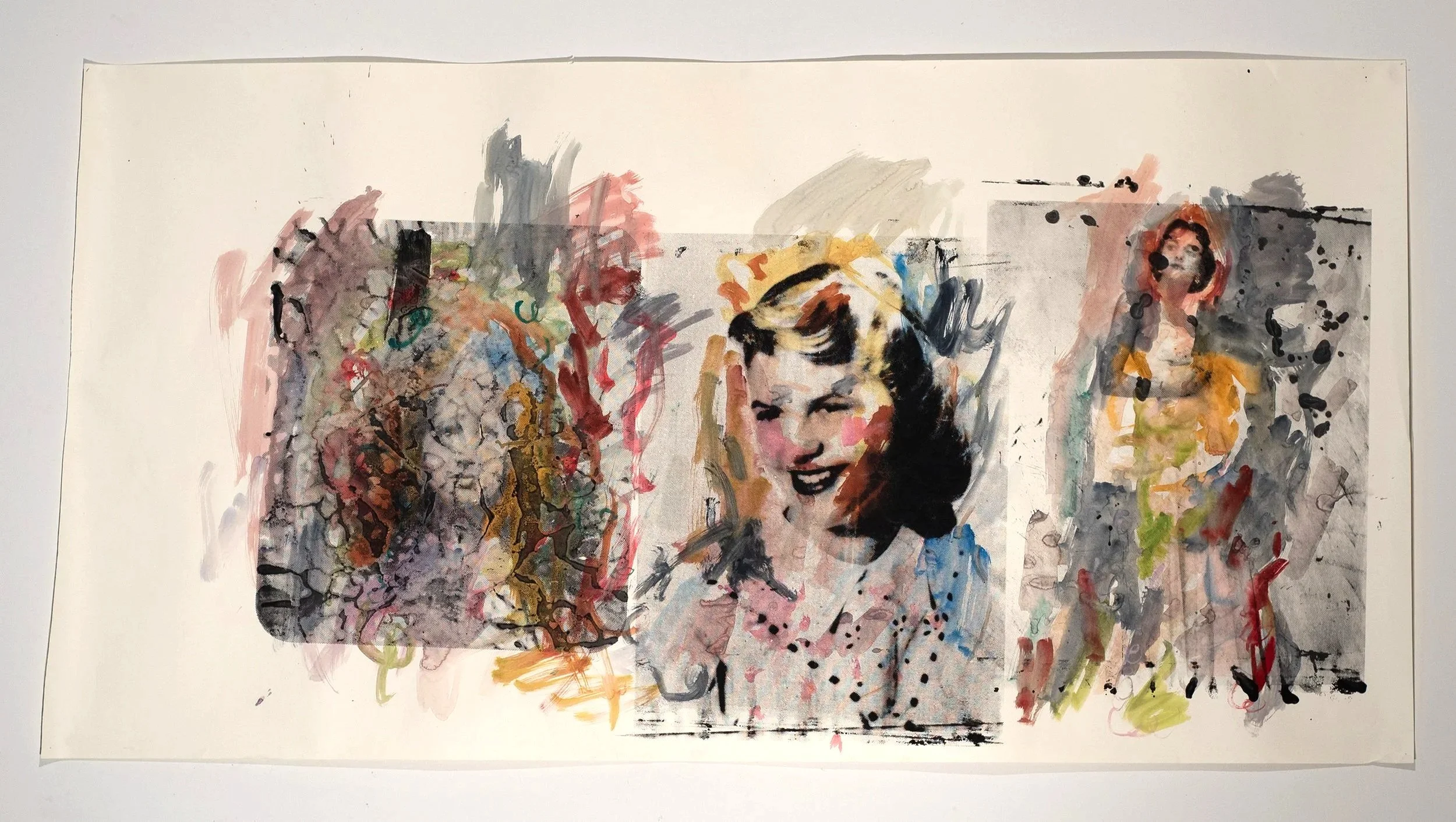 2025, watercolor and silkscreen on paper, 42 x 82 in.