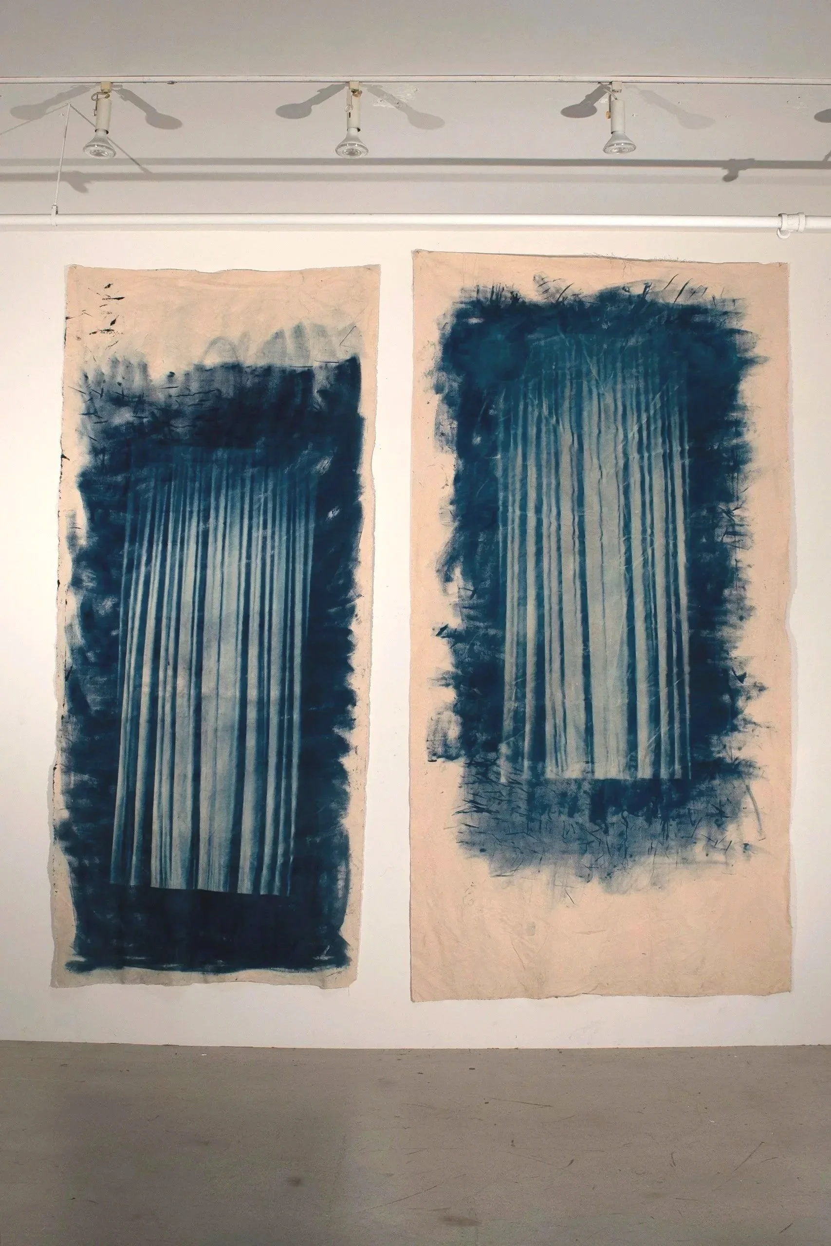 2019, cyanotype on canvas, 
Left panel: 135 x 59 in. (11 x 5 ft.)
Right panel: 135 x 70 in. (11 x 5.5 ft)