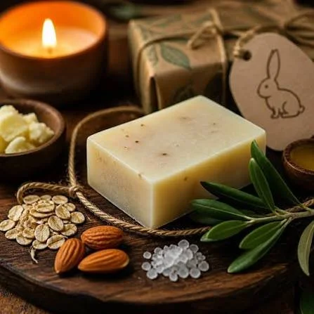 Natural soap bar on a wooden tray with almonds, oats, salt, olive branch, lit candle, small bowl of butter, and gift box with bunny tag in background.