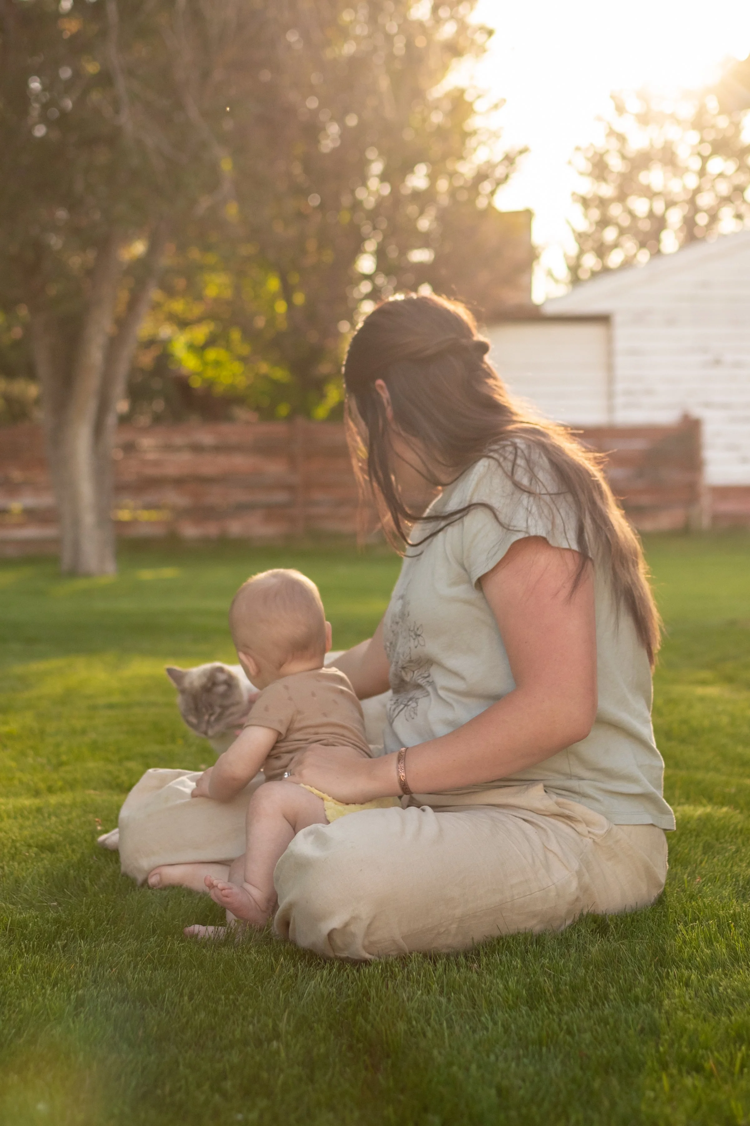 A woman, a baby, and a kitten sitting on grass in a backyard during sunset, with trees and a white house in the background.