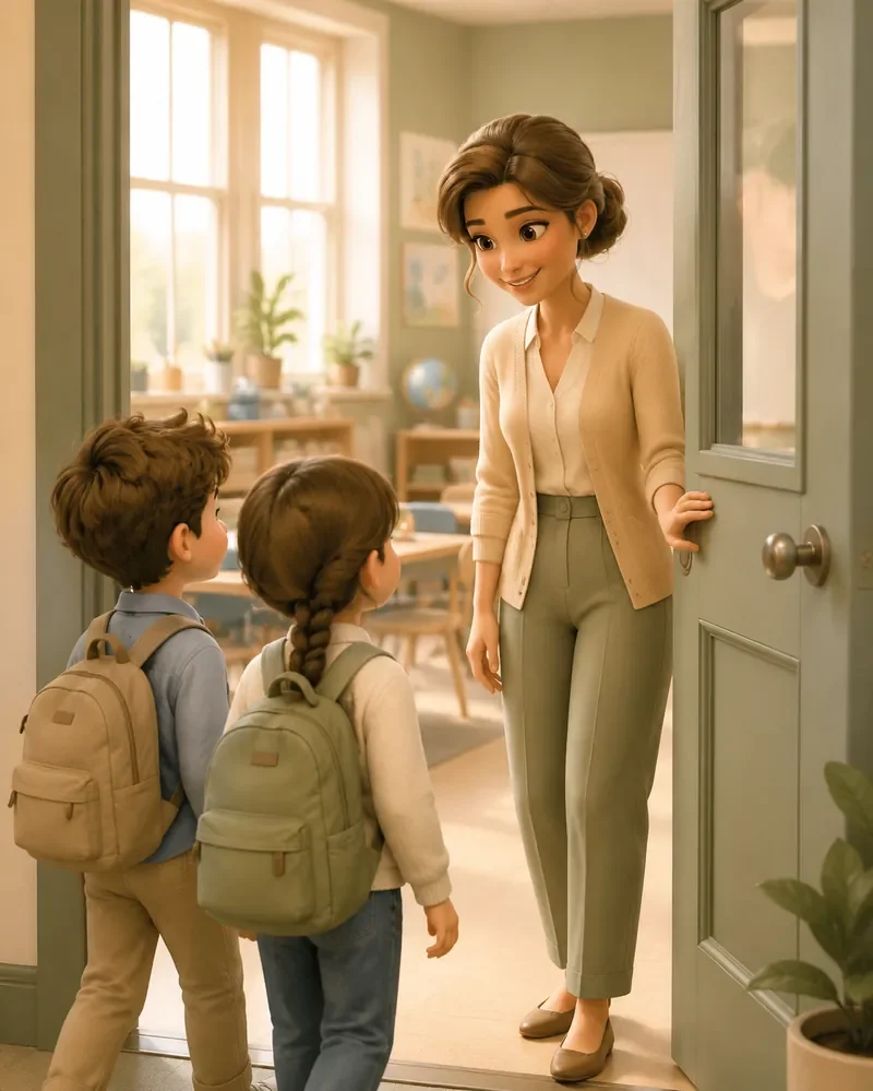 A woman is greeting two children at a classroom doorway, smiling warmly. The children are carrying backpacks and looking at her attentively.