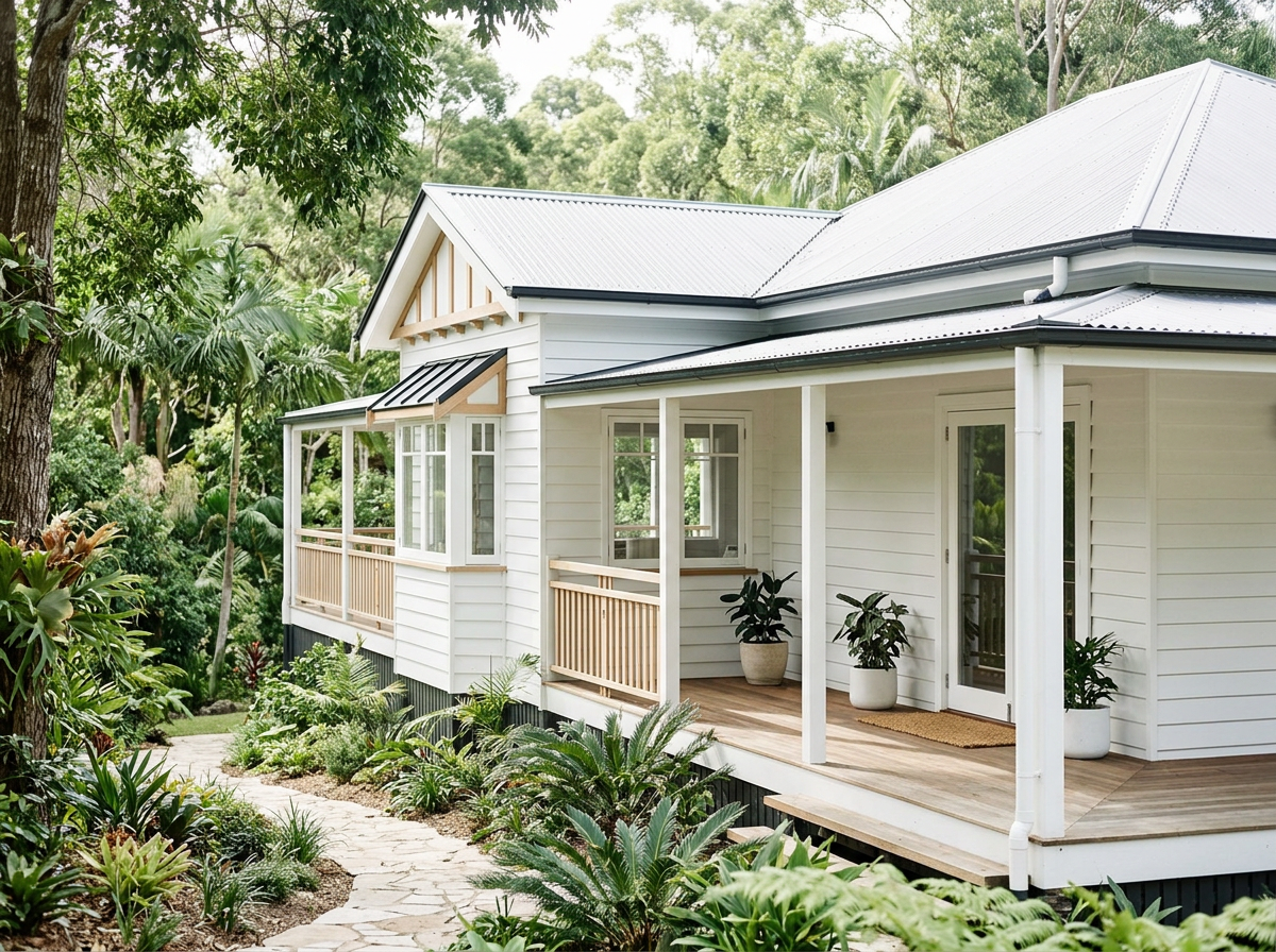 Queensland-style weatherboard home surrounded by greenery