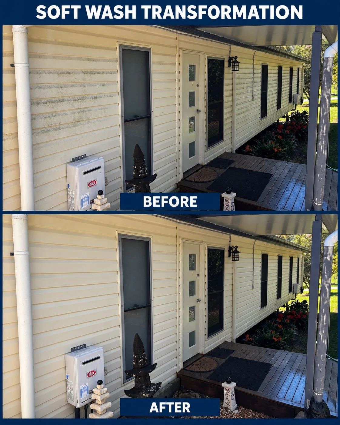 Genuine MHCC before-and-after comparison of a weatherboard entry area before and after soft washing