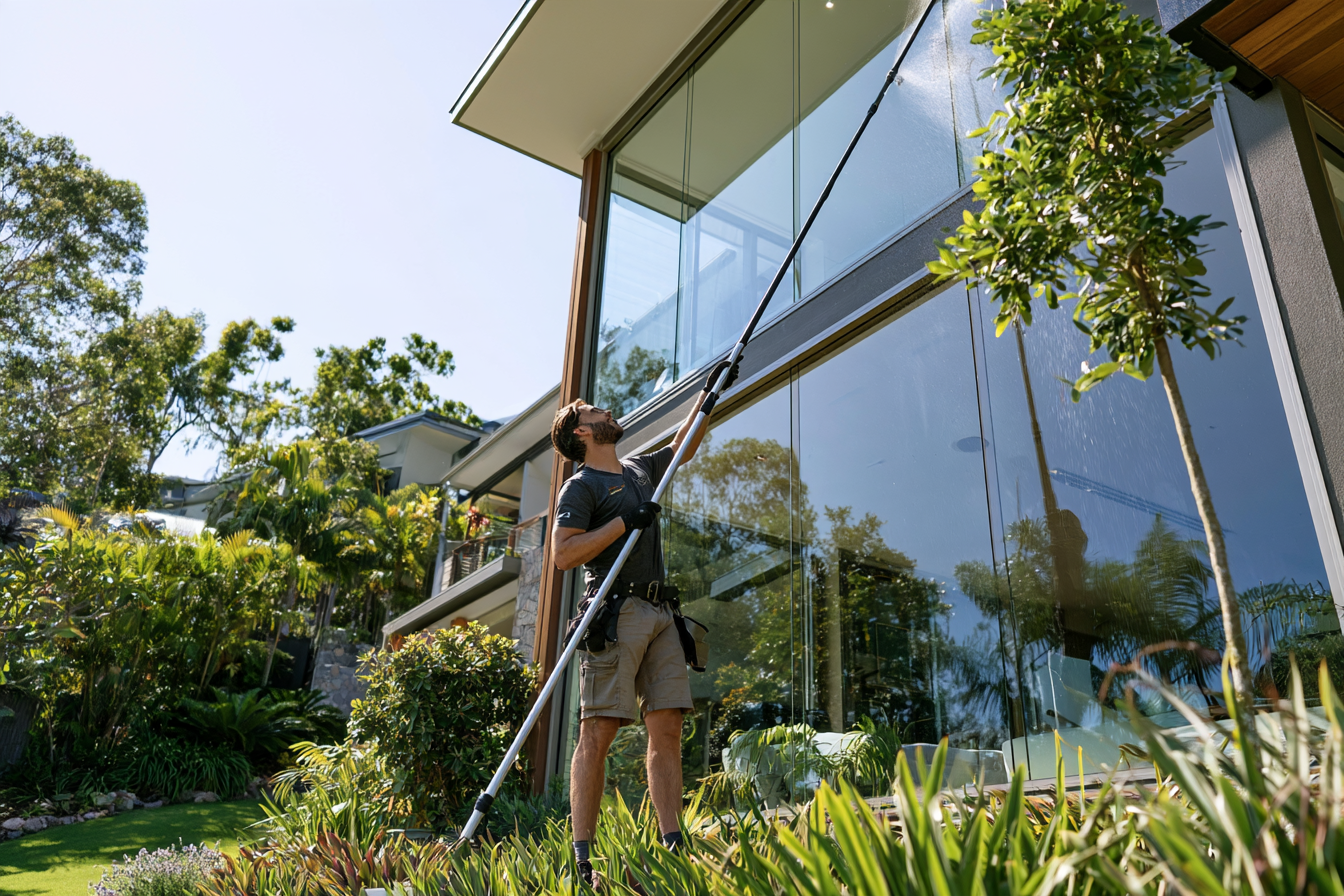 Professional exterior window cleaning with a water-fed pole on a Hinterland home