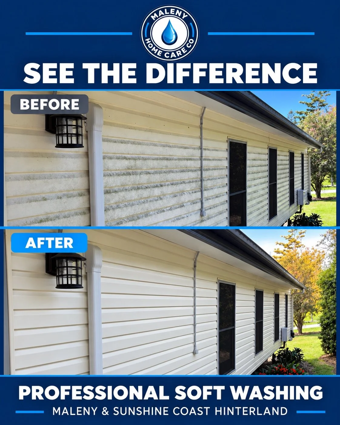 Genuine MHCC before-and-after result showing a weatherboard wall before and after professional soft washing