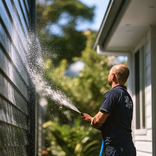 MHCC worker applying a controlled low-pressure soft wash to an exterior wall