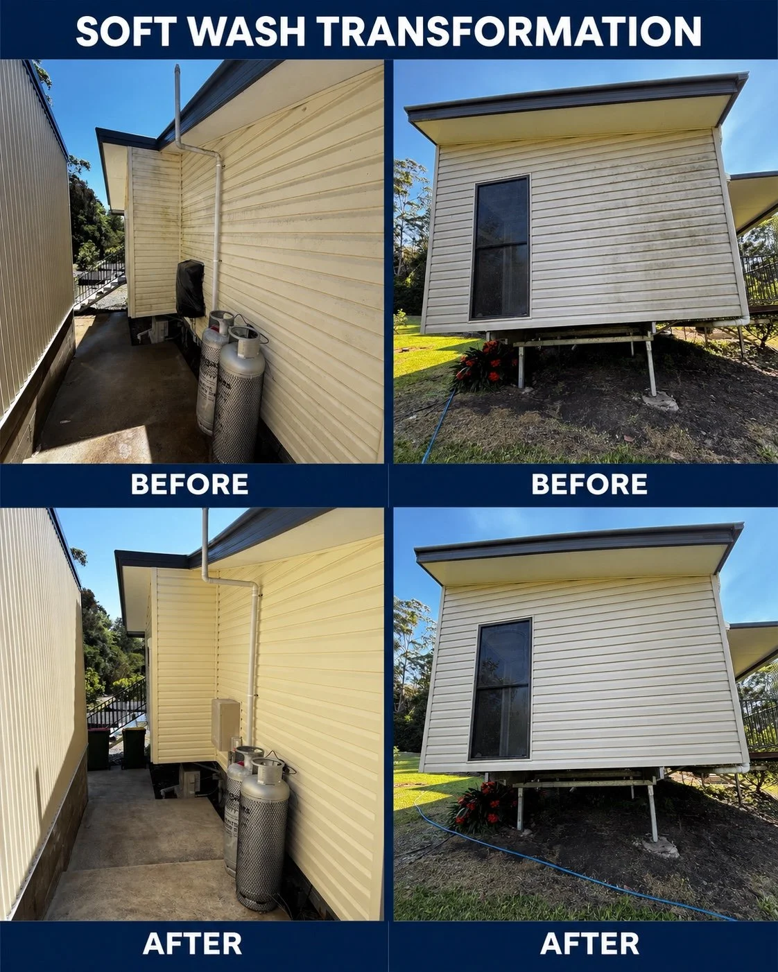 Genuine MHCC four-panel before-and-after comparison showing two exterior elevations before and after soft washing