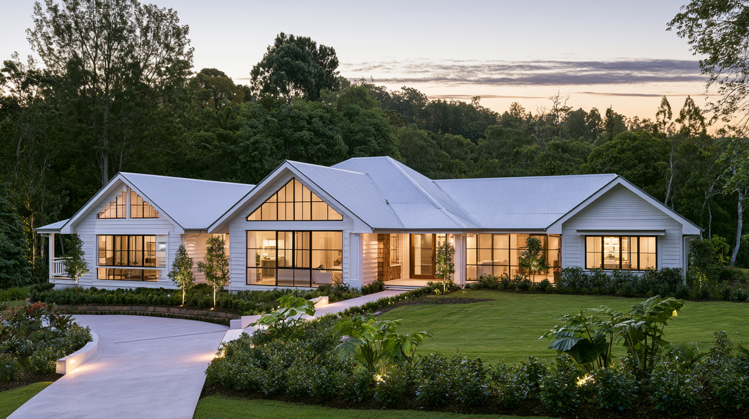White weatherboard home framed by Sunshine Coast Hinterland greenery