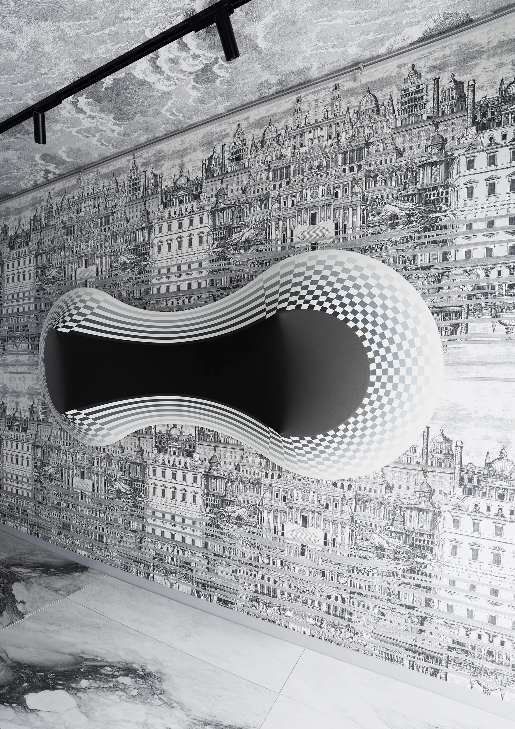   Concept Description    STRETCHING (in)TENSION  gives form to spatial curvature and extension through tension.  Within the work, a single sheet of linen spans an architectonic wooden frame, forming a continuous membrane that expands at both ends and