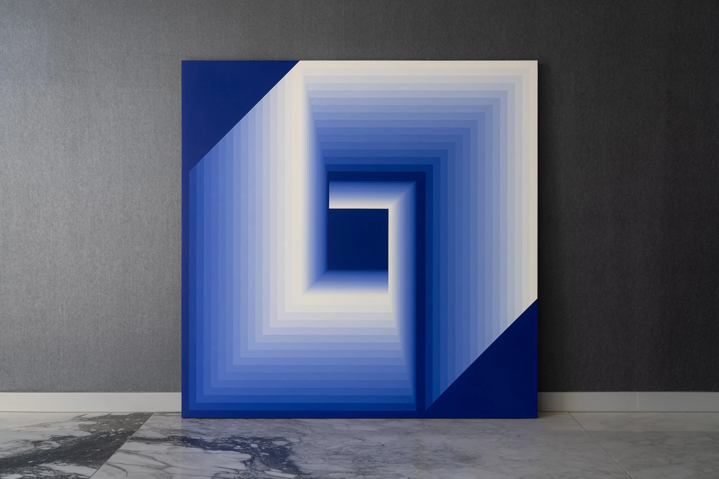   MISSHAP(P)EN FOLD— Journey into Blue      Category:  &nbsp;Optical Painting   Year of Execution:   2022   Dimension:  &nbsp;100cm x 100cm x 2.7cm   Technique and Material:   Acrylic on Wooden Panel   Concept Code:    Structure of Perception Percept