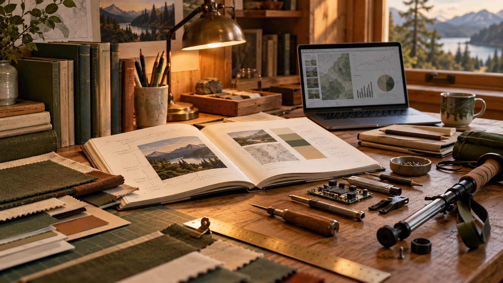 Design planning desk with an open reference book, map, laptop, and working tools.