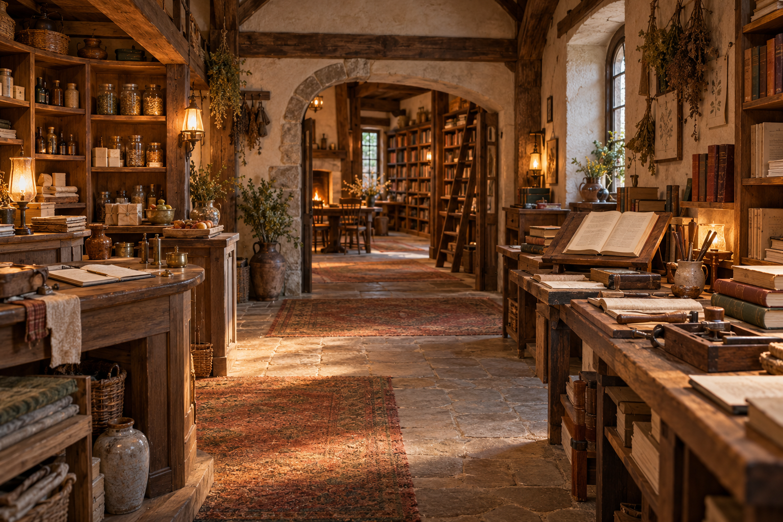 A warm timber reading room with field guides, maps, and shelves of books.