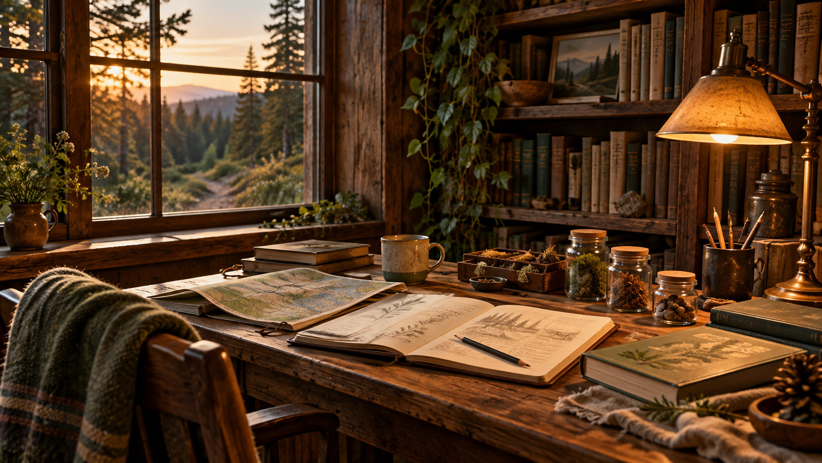 Field notes, books, and small collected specimens on a timber desk.