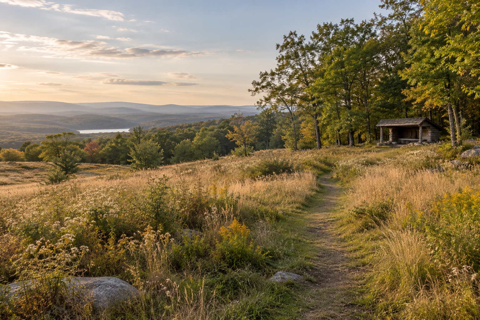 A narrow trail through a sunlit meadow toward a small woodland shelter.