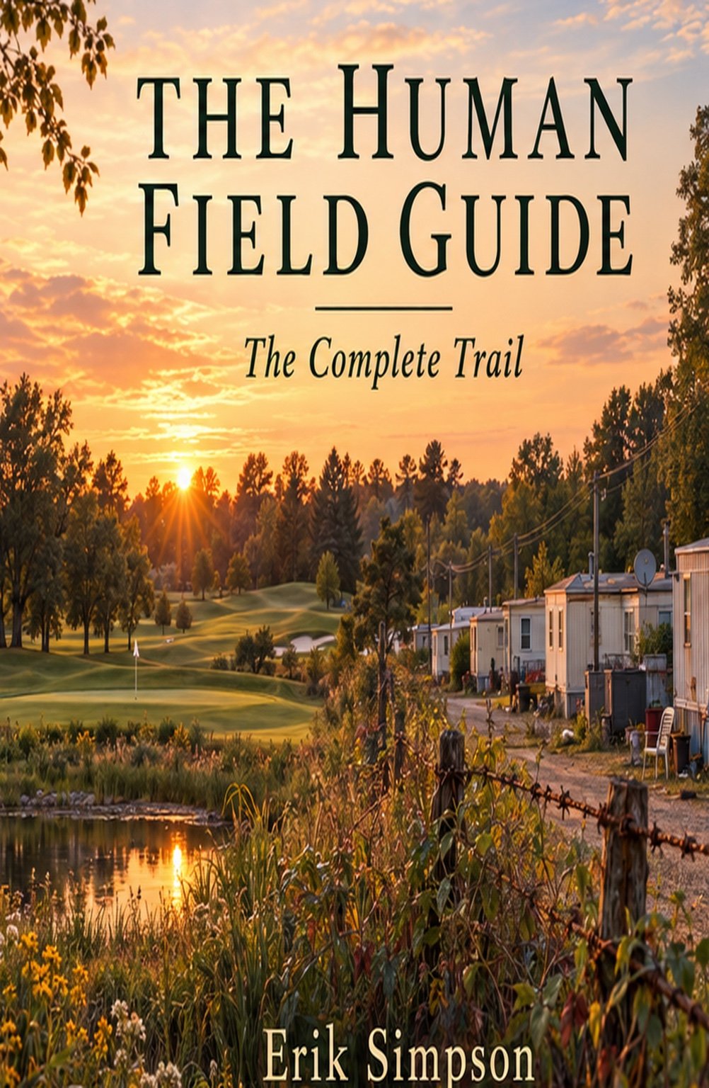 The Human Field Guide: The Complete Trail by Erik Simpson—hardcover front cover with a sunset over a pond, golf course, and mobile homes.