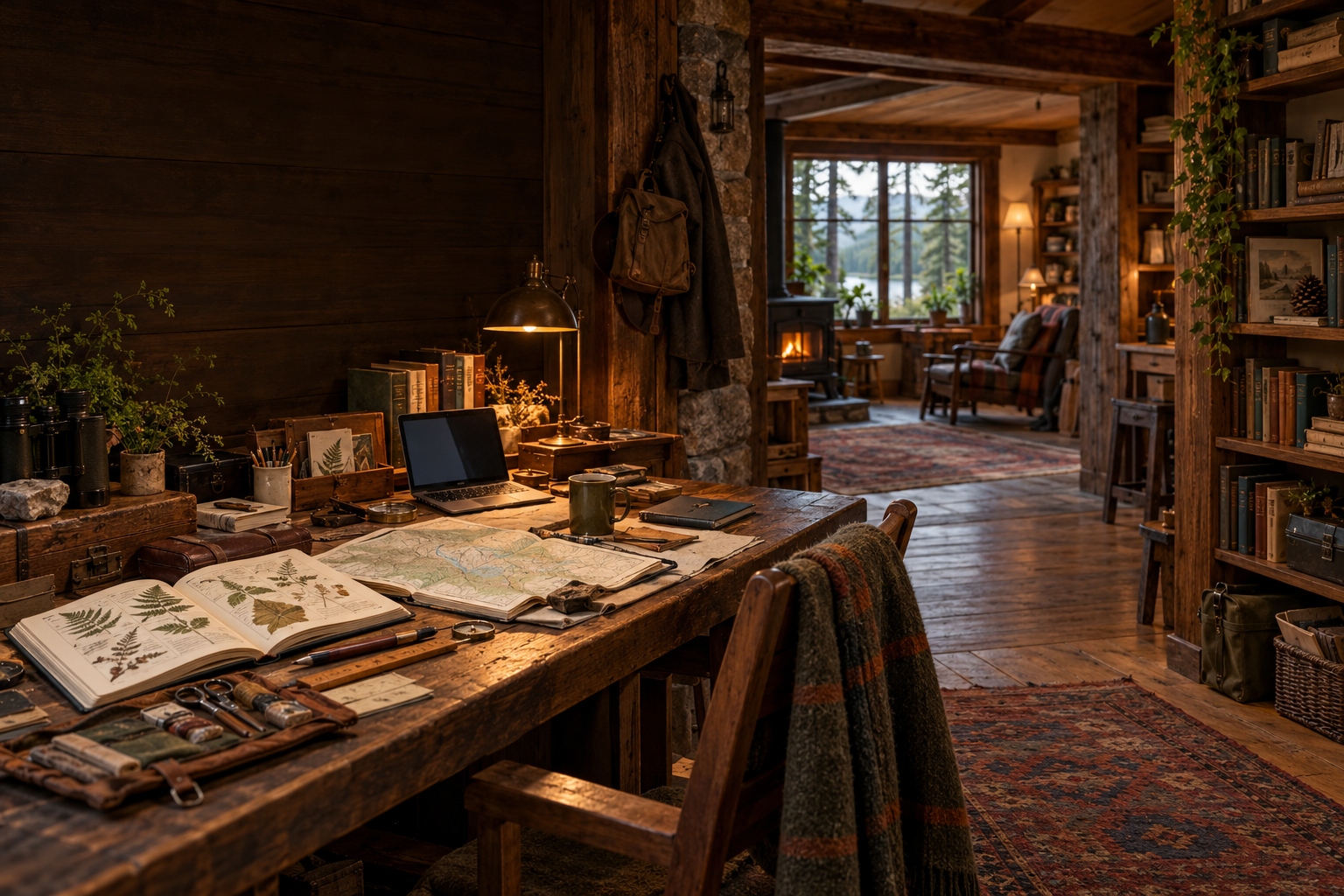 Books, an open field journal, maps, and notes arranged on a timber worktable.