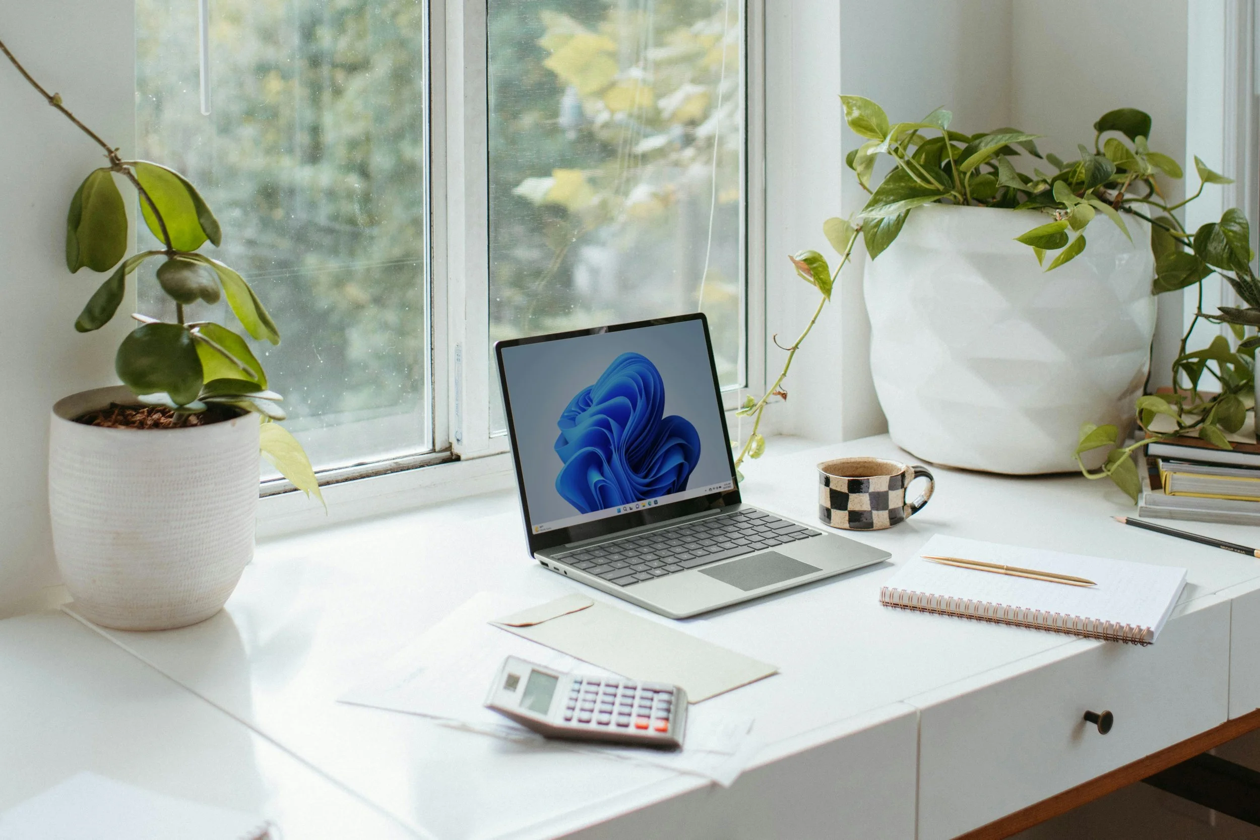 A white desk organized with a laptop, a calculator, a notebook, a cup of coffee, and several potted plants near a window, with natural light coming in.