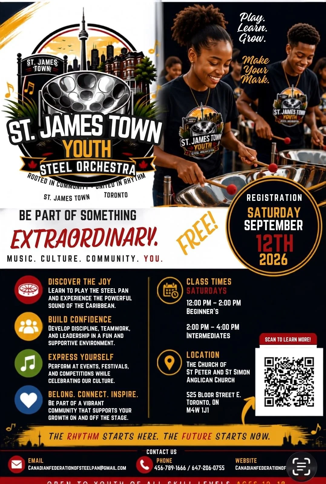 Event poster for St. James Town Youth Steel Orchestra, featuring a group of young people playing steel drums. The poster includes event details such as date, location, classes, and themes of music, culture, and community.